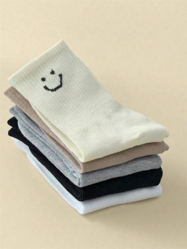 Women's 5 Pairs Cartoon Face Print Crew Socks, Cute Comfy Breathable Socks for Daily Wear, Women's Socks for All Seasons 3