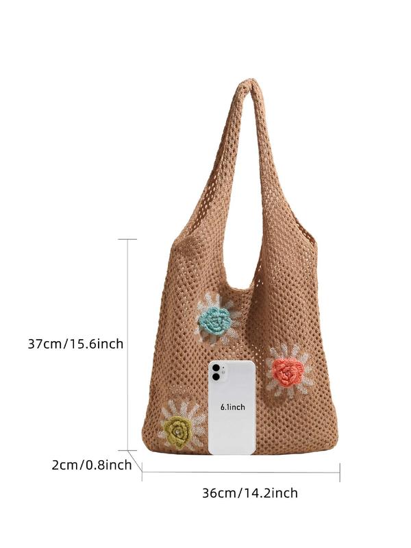Women's Colorblock Flower Design Crochet Tote Bag, Casual Versatile Shoulder Bag for Daily Used, Trendy High-quality Daily Commuting Bag, Girl Fashionable Shopping Bag 1