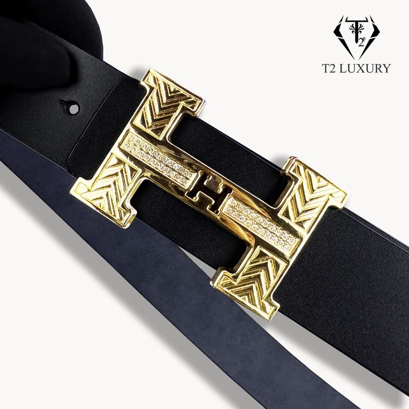 Thắt Lưng Nam khóa lỗ Mặt chữ H vàng bóng có đính đá lấp lánh dây da bò sang trọng Kim Tuyến