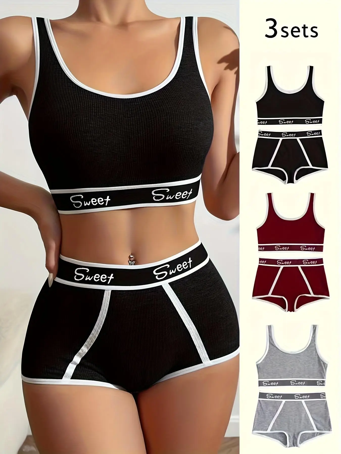 Women's Letter Print Contrast Binding Bra & High Waist Boxer Brief Set, Soft Comfy Fashion Breathable Wireless Bra & Knicker for Daily Wear, Ladies Bralette Underwear Set for All Seasons