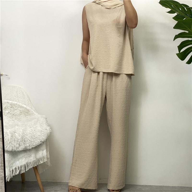 Product Introduction of Robe Three-Piece Set Long Cardigan Sleeveless Top and Pants with Pockets Muslim Islamic Clothing 1958 2