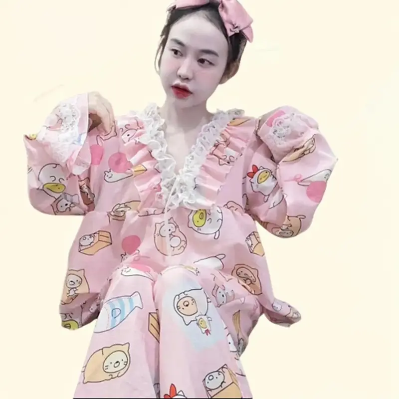 Đồ bộ hoạt hình tiểu thư đũi xốp phối ren Women Nữ Top 4