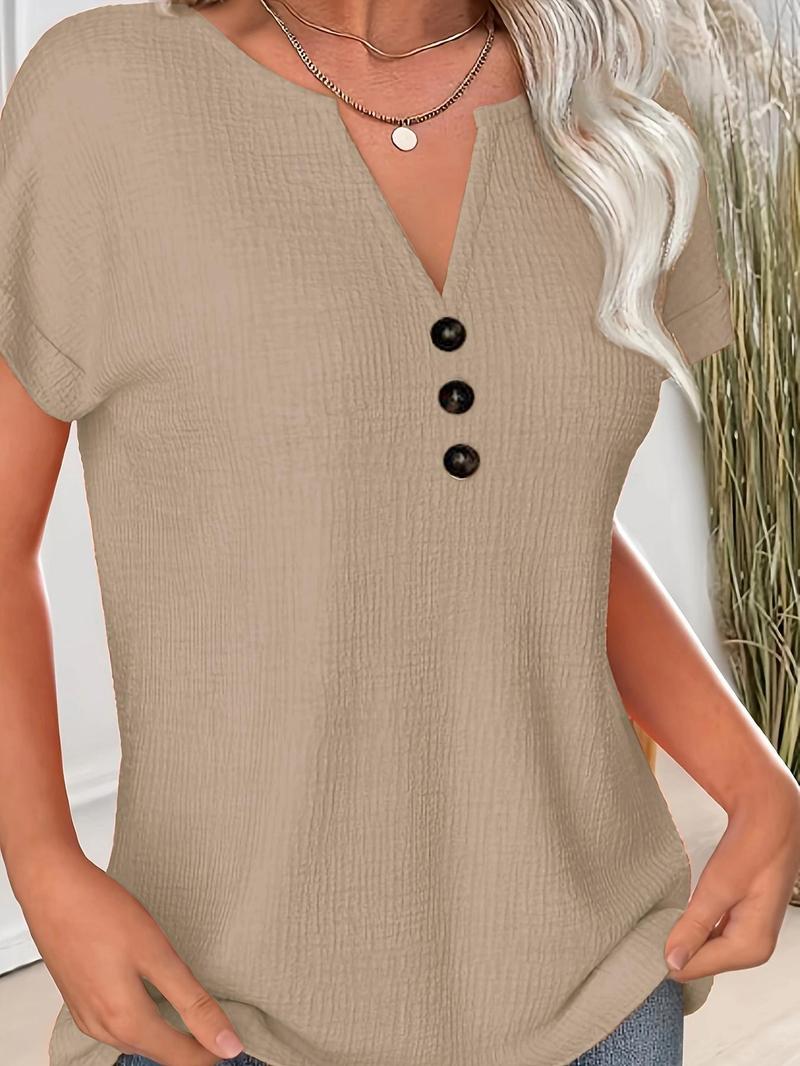 Product Introduction of Women's Plain Button Decor Tee, Casual Short Sleeve T-shirt for Daily Wear, Ladies Clothes for All Seasons 5