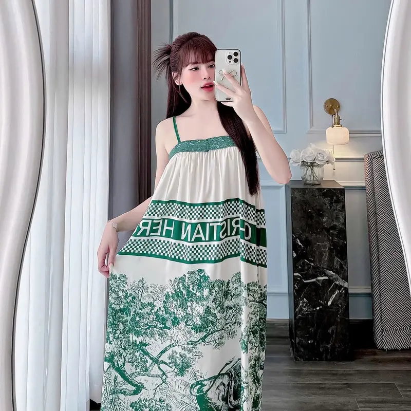(TẶNG QUẦN)Đầm Ngủ 2 Dây Phối Ren Lụa Latin Tơ Tằm Size 40kg Đến 65kg 2