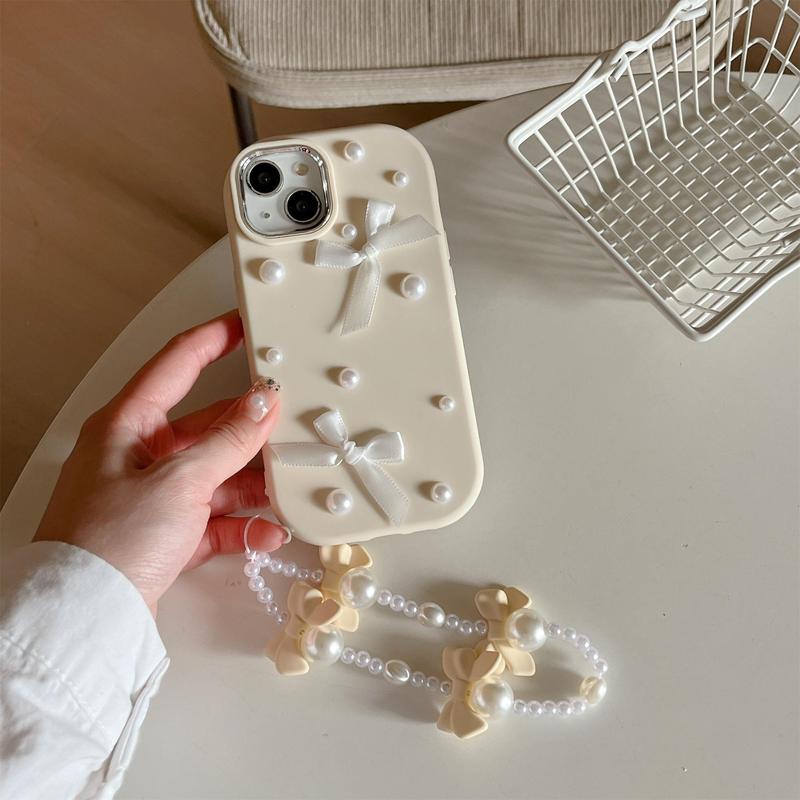Product Introduction of Bowknot Decor Phone Case with Faux Pearl Beaded Lanyard, Cute Fashion Phone Protective Case, Full Coverage Shockproof Phone Cover Compatible with iPhone 15 14 13 ProMax 10