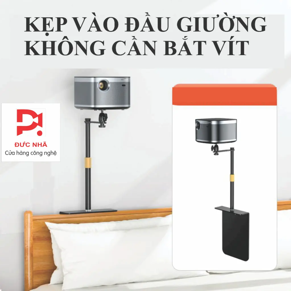 giá đỡ máy chiếu kẹp đầu giường ĐỨC NHÃ - điều chỉnh góc xoay 360 độ, độ cao... Dùng cho xgimi, xcine4, beecube, kaw, xiaomi, epson, viewsonic, optima, dangbei, movie legend…Hai cách lắp: kẹp đầu giường hoặc giá để bàn home cinema