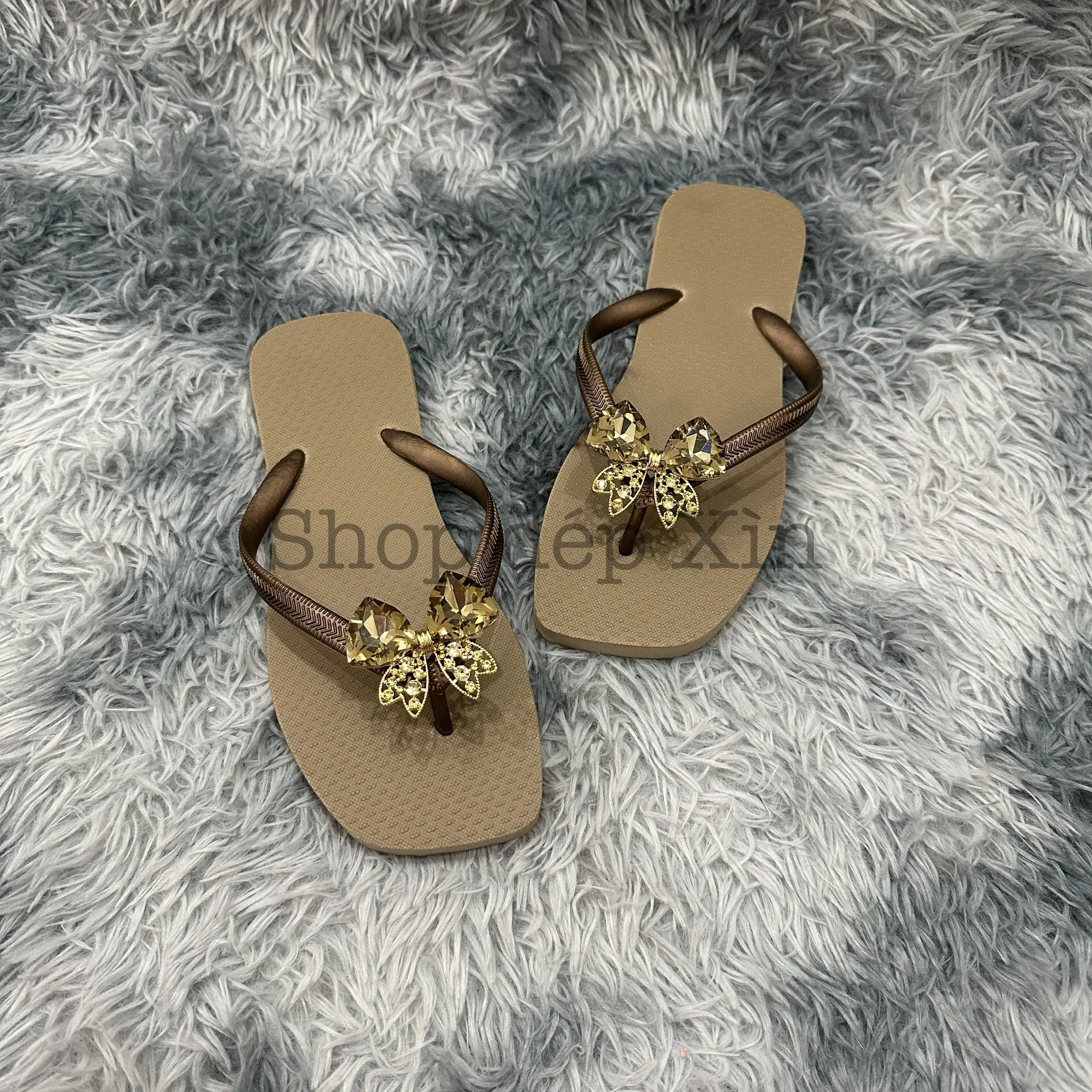 Dép kẹp xỏ ngón mũi vuông cao su đính NƠ KIM LOẠI thời trang sang trọng thanh lịch dễ thương nữ DéP Women Shoes