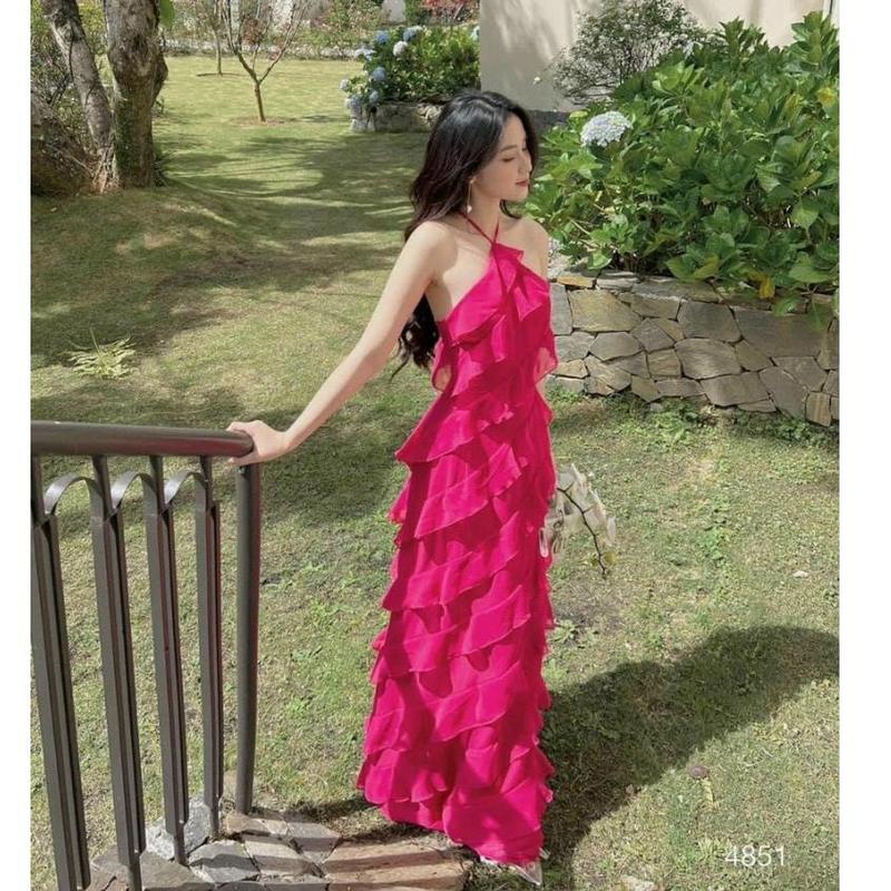  Đầm yếm voan bèo gợn sóng thời trang nữ dự tiệc chất voan không tay dáng váy dài kiểu bút chì maxi trẻ trung 