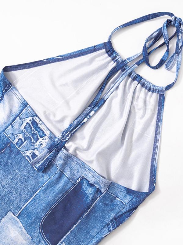 Women's Denim-effect Print Halter Dress, Fashion Casual Sleeveless Short Dress for Daily Outdoor Wear, Ladies Dress for Summer 6