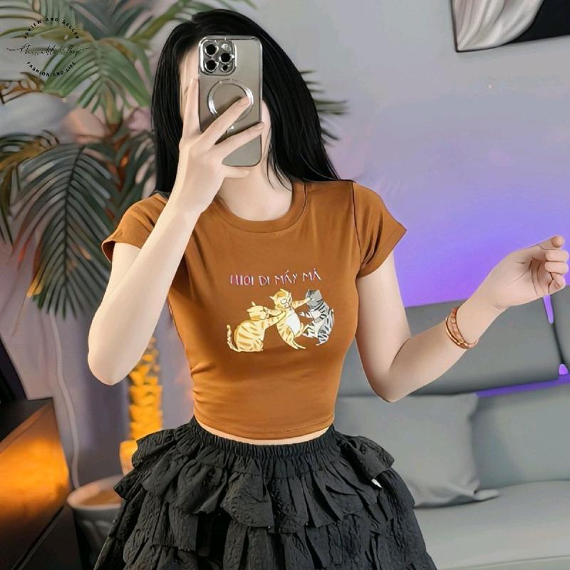 Áo Thun Croptop Thun Borip Form Basic Ôm Body In Hình Three Cat "Thôi Đi Mấy Má" Nữ Women Cổ Tròn Valentine 14/2 Dáng Ngắn 5