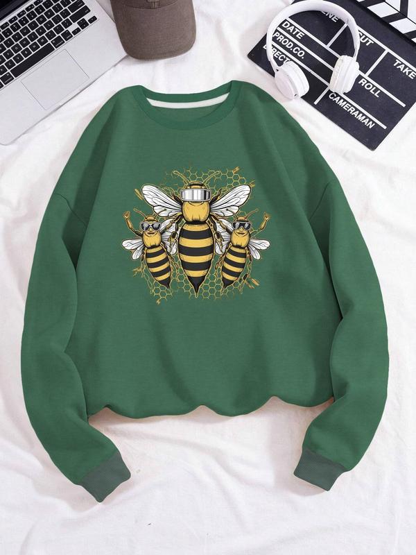Women's Bee Print Drop Shoulder Fleece Sweatshirt, Casual Long Sleeve Round Neck Pullover for Fall & Winter, Ladies Clothes for Daily Wear 6
