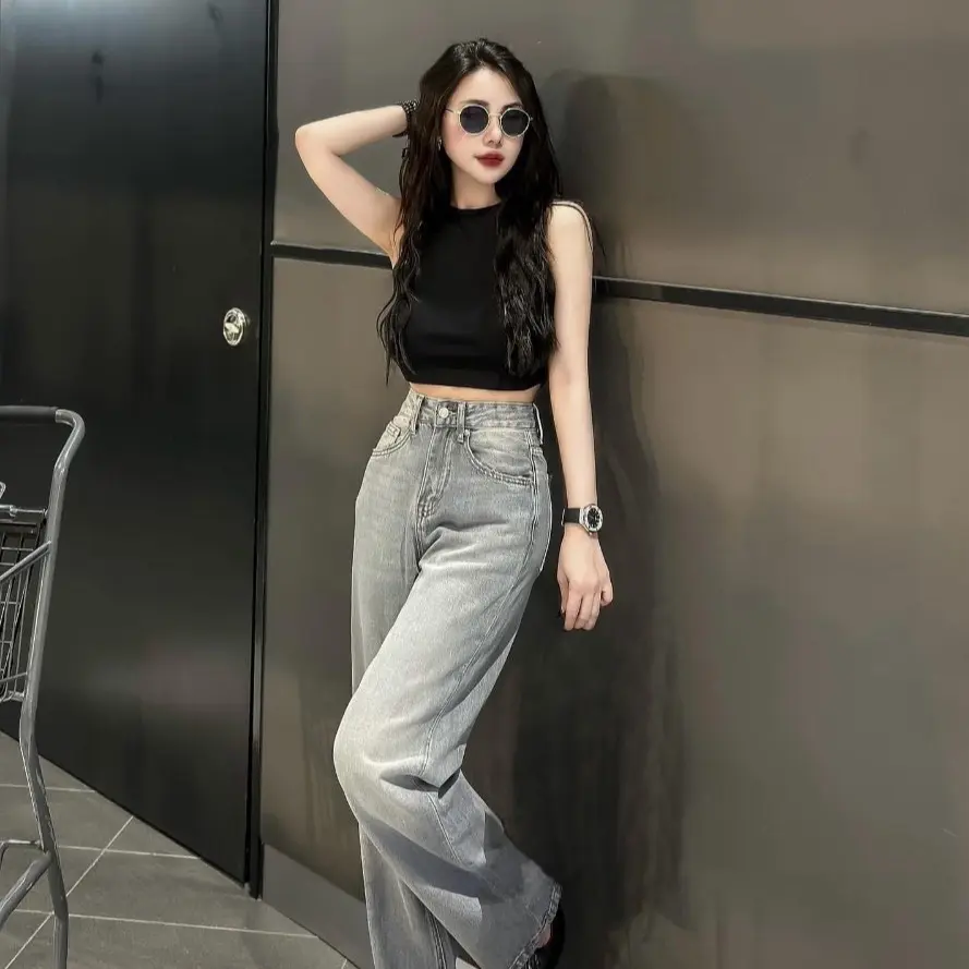 (S-2Xl) HHCHOU- Quần Jeans Suông Trơn Màu Bạc Mới Chất Jeans Vải Qc mềm H3456 Women Pants | BigBuy360 - bigbuy360.vn