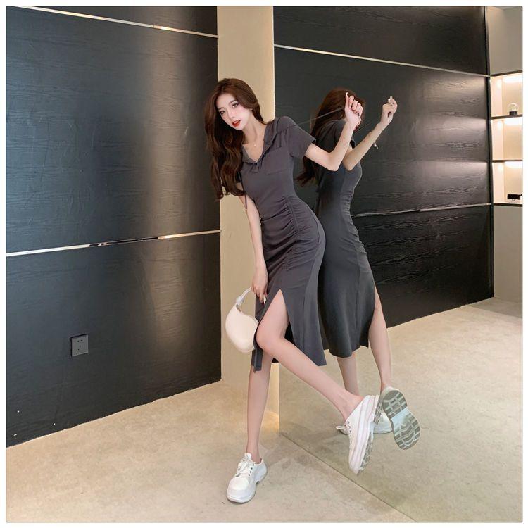 Product Introduction of Casual new style fashionable split mid length hooded skirt with women's summer temperament, waist cinched short sleeved drawstring dress 5