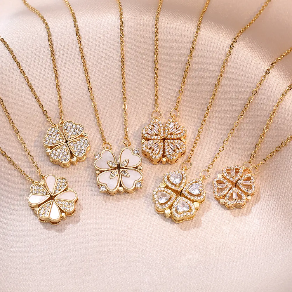 Women's Necklace New One Style for Dual-Wear Heart-to-Heart Open and Close Four-Leaf Flower Necklace Fashionable Heart-Shaped Folding Clavicle Chain