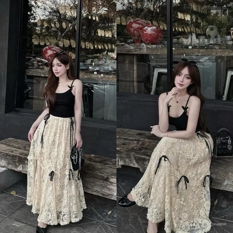 Set váy nữ thời trang áo thun tăm hai dây đính nơ kèm chân váy dài len ren 2 lớp Women Kem Dress Top
