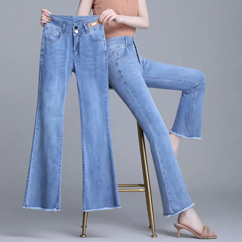 Frayed Slightly Flared Cropped Jeans for Women Spring and Autumn New High-Waisted Trousers Straight Loose Women's Pants Womenswear Bottom