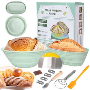 Juego de Canastas de Pan de Silicona, 1 Set Incluye Canasta Redonda para Pan, Canasta Ovalada para Pan y Herramientas para Hornear, Juego Completo para Hacer Pan con Herramientas