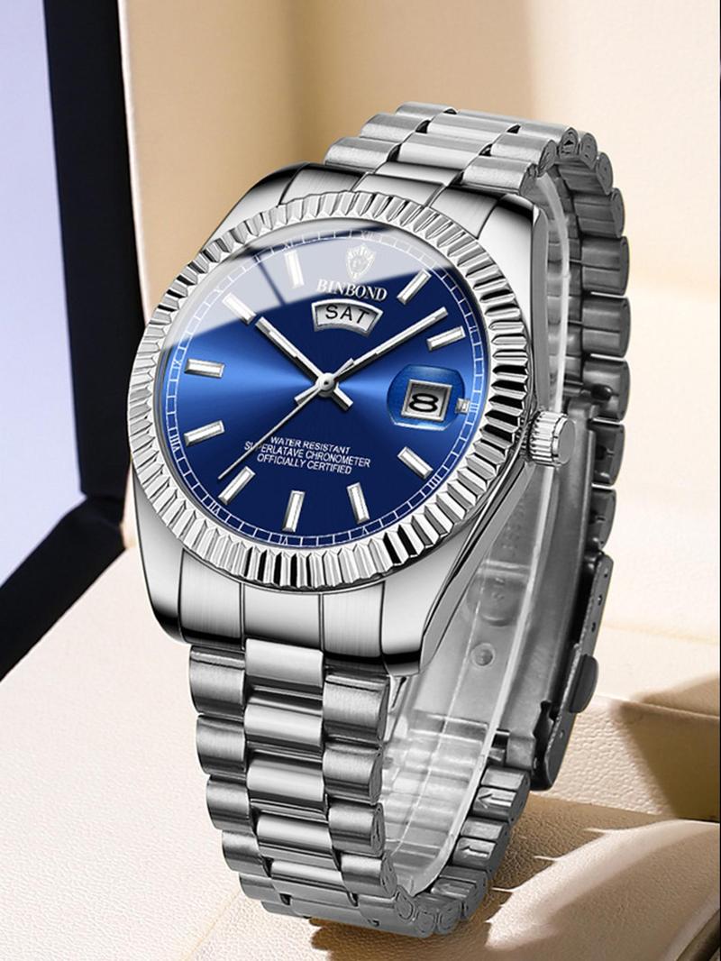 Product Introduction of Men's Business Fashion Round Dial Stainless Steel Strap Quartz Watch, Fashion Watch for Party, Daily Clothing Decor, Trendy All-match & Exquisite Watch for Birthday Gift with Box 2