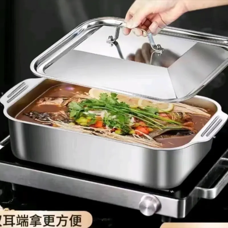 KHAY HẤP CÁ  INOX CÓ  NẮP ĐẬY DÙNG HẤP VÀ  NẤU KÍCH THƯỚC 40x25x9 2