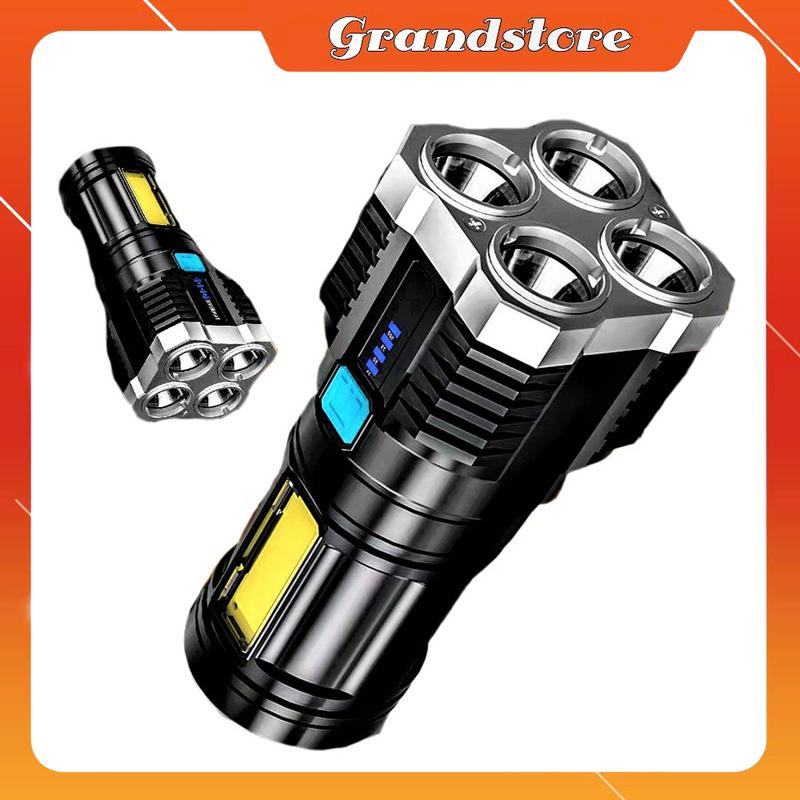 Đèn pin cầm tay 4 bóng led trắng siêu sáng 4 chế độ chiếu sáng xa nhấp nháy đèn cob vàng có dây đeo sạc usb chống nước