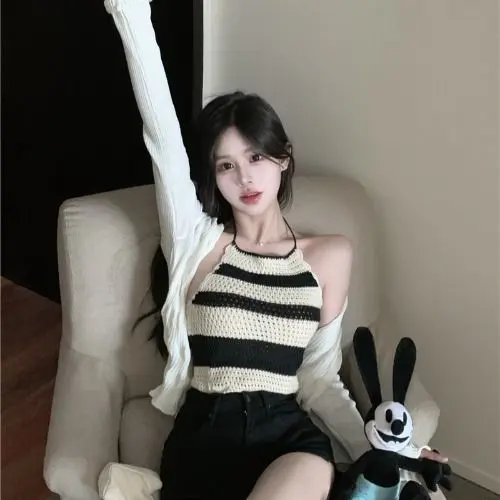 [2241 People Collected] Summer Pure Desire Style Halter Neck Off-Shoulder Sweet Spicy Girl Striped Camisole Vest for Women Tight Slimming Inner Wear Top Outer Wear