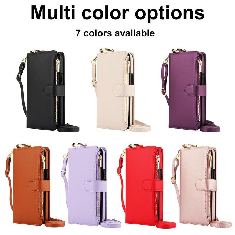 PU Leather Phone Case with Card Slots, 1 Count Zipper Wallet Design Phone Case with Finger Ring Buckle, Phone Accessories for Samsung Galaxy 5
