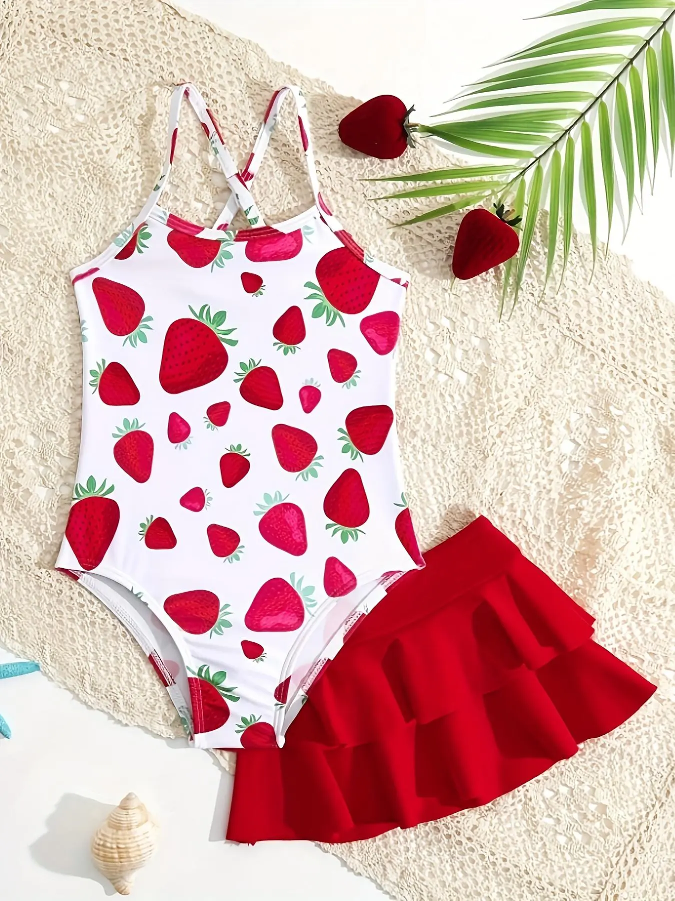 Girl's Strawberry Print One-piece Swimsuit & Ruffle Trim Cover Up Skirt Set, Cute Casual Swimwear Set for Beach Holiday Vacation, Kids Swimsuit for All Seasons