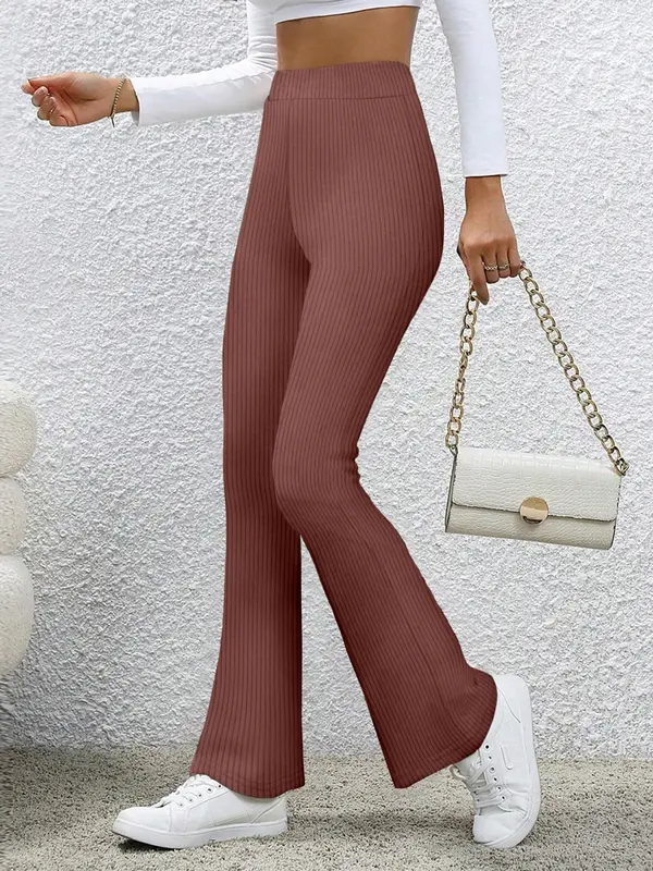 Women's Solid Color Flare Leg Pants, Casual Comfy High Waist Bell Bottom Trousers for Daily Wear, Ladies Bottoms for All Seasons 4