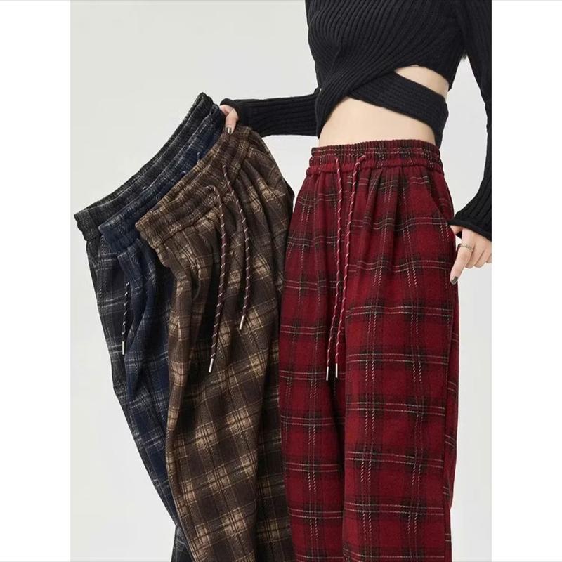  40-65Kg Quần Kẻ Ống Rộng Vải Dạ Xịn Dày Dặn Phong Cách Ulzzang Hàn Quốc Quần Ống Suông Thời Trang Nữ Women Pants Không lót lông