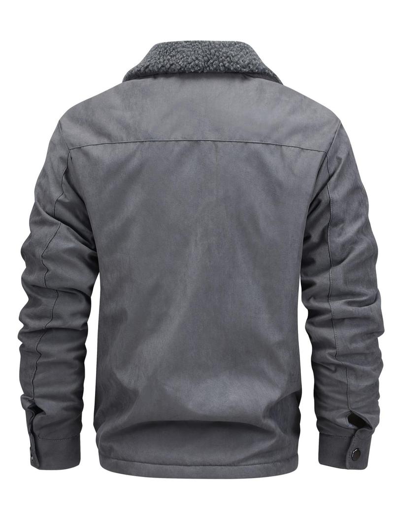 Product Introduction of Men's Regular Fit Solid Pocket Zipper Thermal Lined Jacket, Casual Long Sleeve Collared Outerwear for Fall & Winter, Men's Clothes for Daily Wear 9