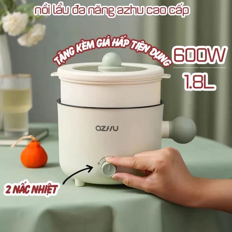 Nồi Lẩu Điện Mini, Nấu Mì 2 Tầng OZHU Kèm Giá Hấp Đa Năng Nướng, Luộc, Chiên Chống Dính Vân Đá Tiện Lợi Dung Tích 1,8L Nồi Điện Nấu Ăn Inox