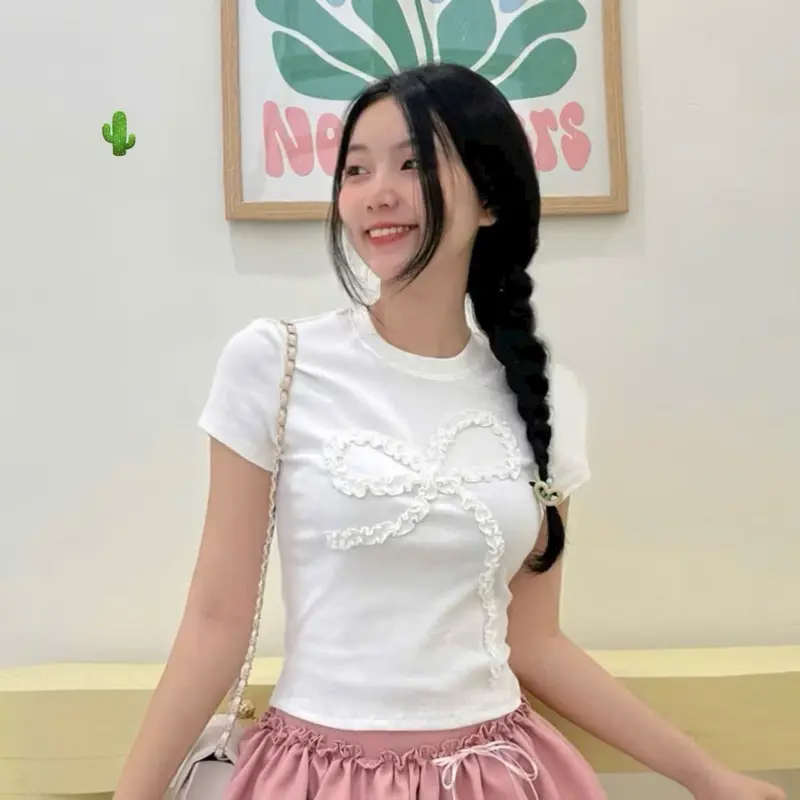 Áo baby tee 4 màu dễ thương phối nơ phong cách trẻ trung năng động