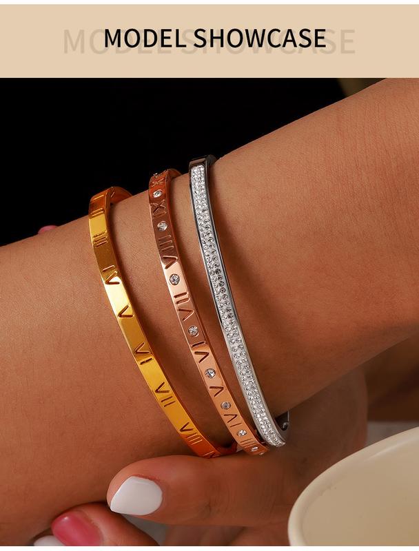 Product Introduction of Vintage niche personality unique simple jewelry carving Roman numeral design diamond titanium steel gold-plated bracelet 1