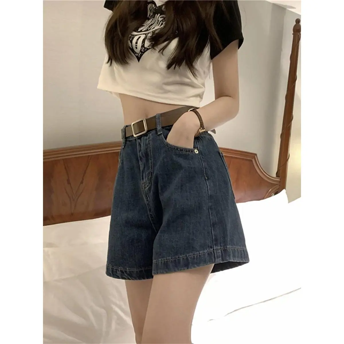 Quần short denim y2k oo dành cho phụ nữ, eo cao, mùa hè, mới giặt sạch, Cổ điển, tối màu, Xanh da trời , lỏng lẻo, giảm béo và đa năng, đường chữ A, quần ống rộng nóng bỏng