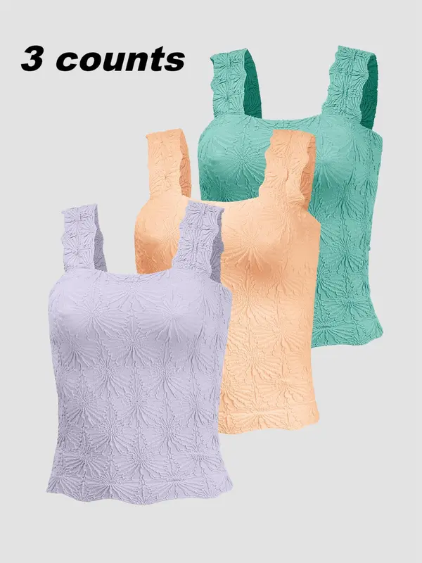Women's Floral Embossed Sports Tank Top, Casual Solid Textured Sleeveless Sports Top for Yoga Gym Workout, Ladies High Stretch Sportswear for All Seasons, Soft Top Women 3
