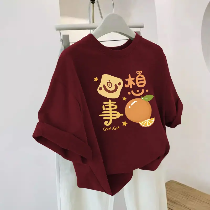 Fun print short-sleeved T-shirt women's summer new burgundy top