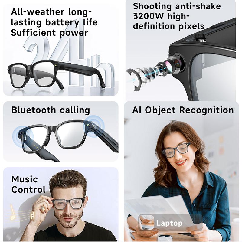 Bluetooth Smart Glasses 8MP Camera Glasses Anti-shake 1200P HD Video Record Music Play Voice Call Glasses Translation AI Glasses