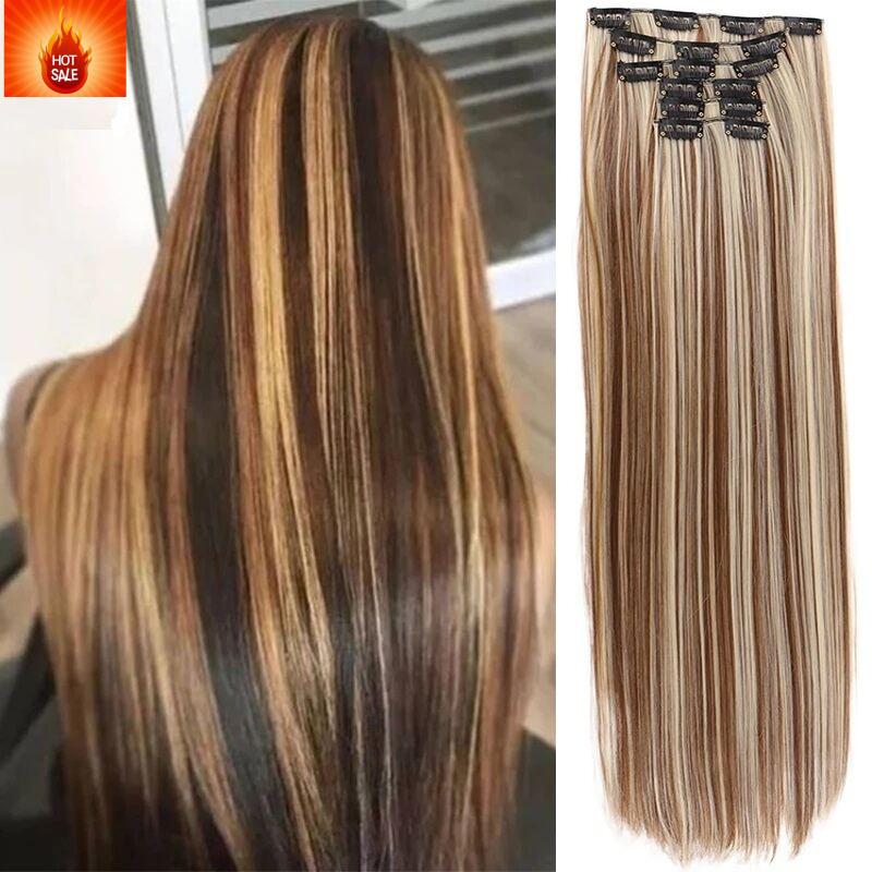 Tóc nối tổng hợp, tóc thẳng dài, dành cho nữ, bộ 6 miếng / 22 inch, có 16 kẹp,…
