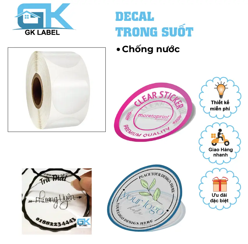 In tem nhãn trong suốt, logo, sticker- Chống nước - Thiết kế theo yêu cầu - MIỄN PHÍ THIẾT KẾ
