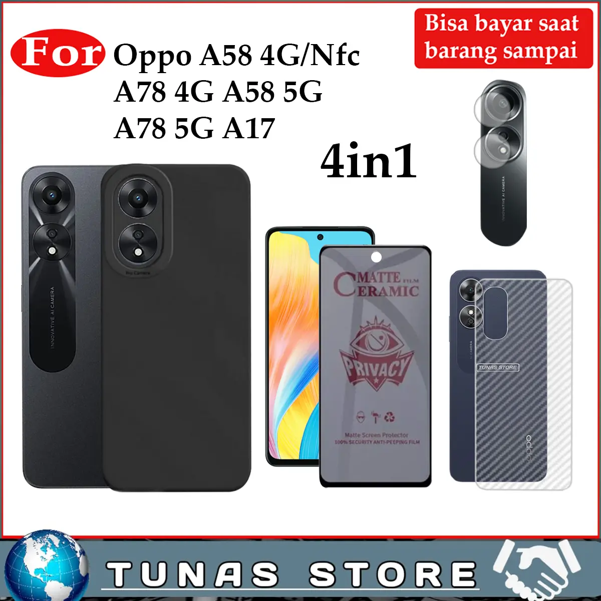 4In1 Case Oppo A78 4G/5G A17 A58 NFC Reno 8T 4G Softcase Liquid Antigores Ceramic Anti Spy GarSkin Tempered Camera Cover Hitam Casing