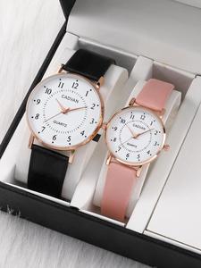 2pcs/set Fashion PU Leather Strap Round Dial Digital Pointer Quartz Watch Set, without Box, Couple Watch Set for Women and Men