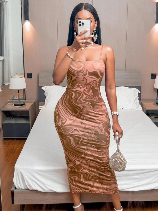 Women's Marble Print Split Thigh Cami Dress, Summer Clothes Women, Elegant Adjustable Strap Bodycon Midi Dress for Party Club, Dress for Women Valentine's Day, gift 3