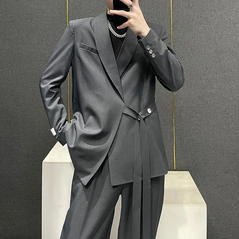 Áo Khoác Vest Buộc Dây Thiết Kế Quần Ống Rộng, Bộ Đồ Hai Mảnh, Dành Cho Nam Giới, 2023 Hàng Mới Về, Cao Cấp, Dáng Rộng Vừa Vặn, Bộ Đồ Đi Chơi Thời Trang