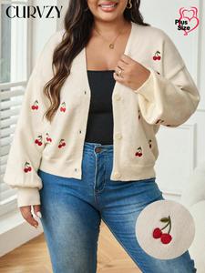 CURVZY Plus Size Cherry Embroidery Button Front Cardigan, Casual Elegant Drop Shoulder V Neck Cardigan, Women's Fall & Winter Knit Clothing for Daily Wear