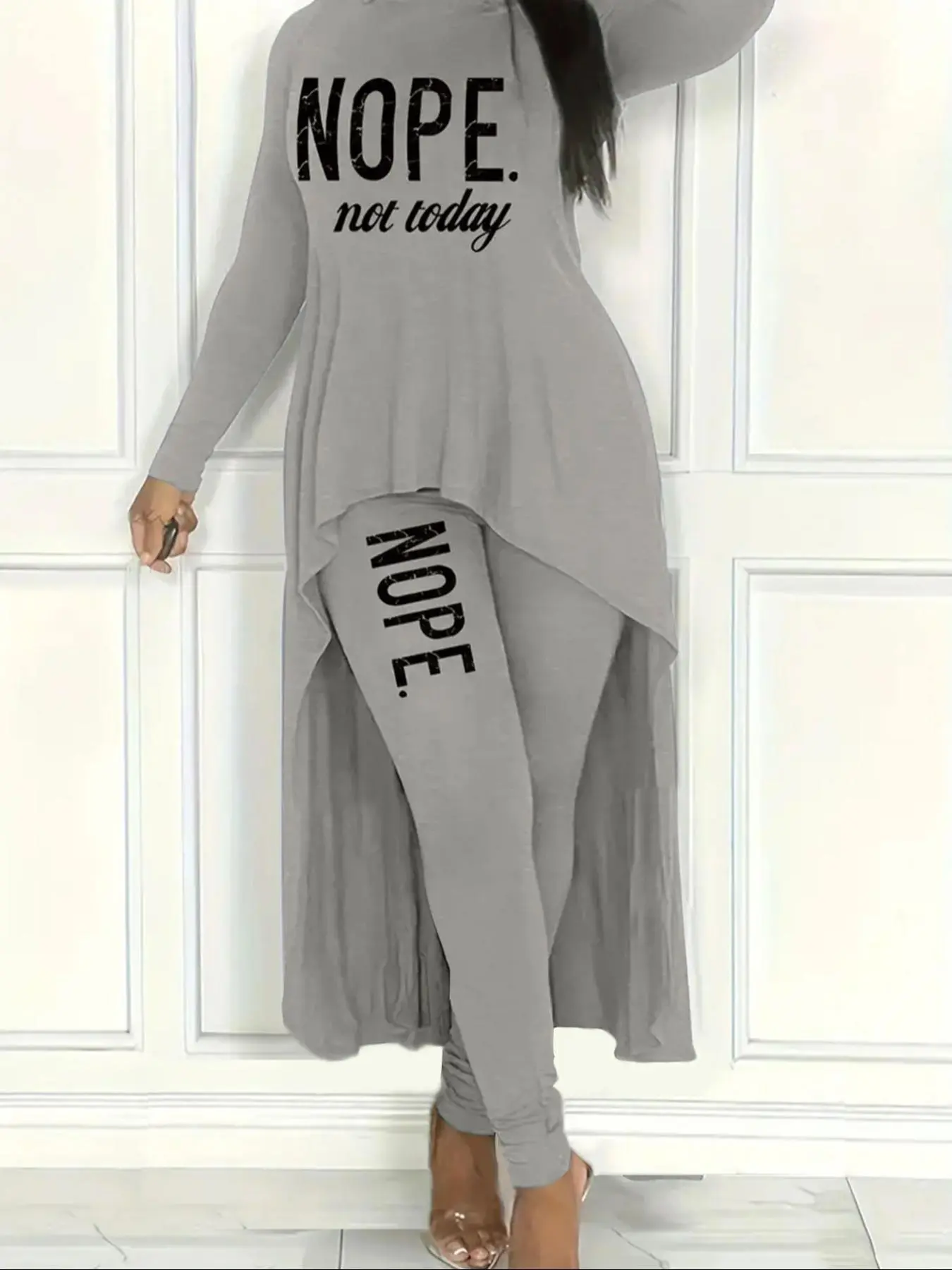Women's Letter Print High Low Hem Tee & Elastic Waist Pants Two-piece Set, Casual Round Neck Long Sleeve Top & Trousers for Spring & Fall, Women's Clothes for Daily Wear