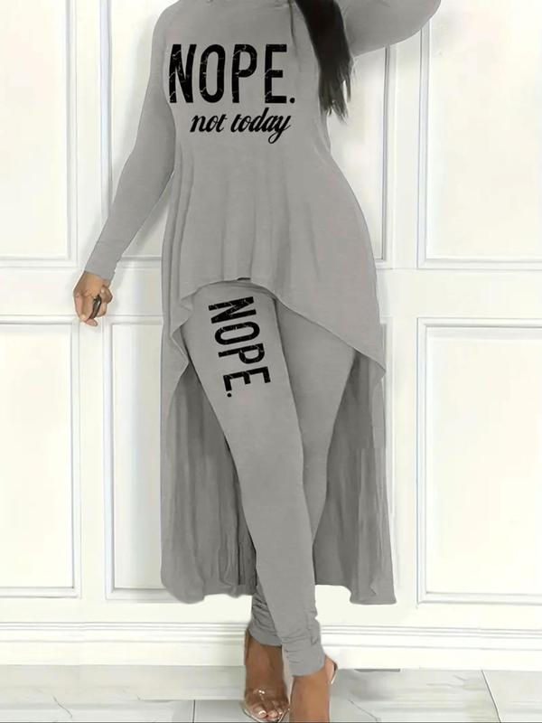 Women's Letter Print High Low Hem Tee & Elastic Waist Pants Two-piece Set, Casual Round Neck Long Sleeve Top & Trousers for Spring & Fall, Women's Clothes for Daily Wear 0
