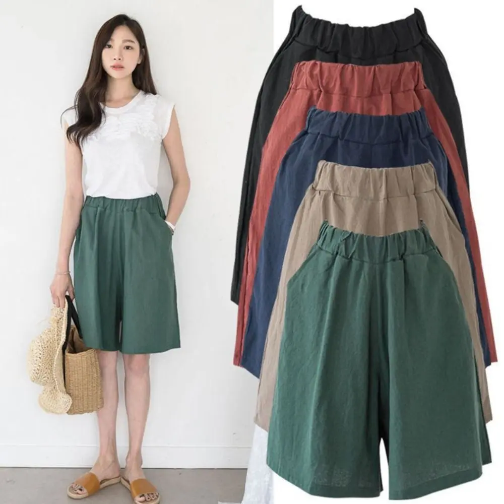 Fashion Elastic Waist Women Fifth Pants Linen Cotton Loose Casual Shorts Large Pocket Plus Size Knee Length Trousers Holiday Womenswear Bottom