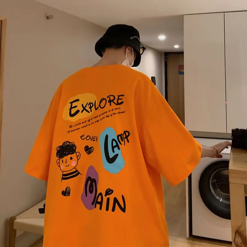 Áo phông ngắn tay nam, màu cam, Hip Hop, Vintage, mùa hè, Thương Hiệu Thời Trang , băng giá, quần áo rộng rãi, phong cách Hồng Kông, thời trang Trung Quốc Retro