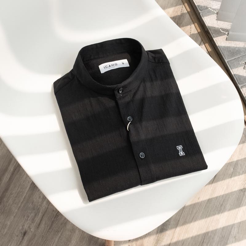 ICANO MENSWEAR Áo Sơ Mi Cổ Tàu Dài Tay Vải Linen Co Giãn Màu Đen 4