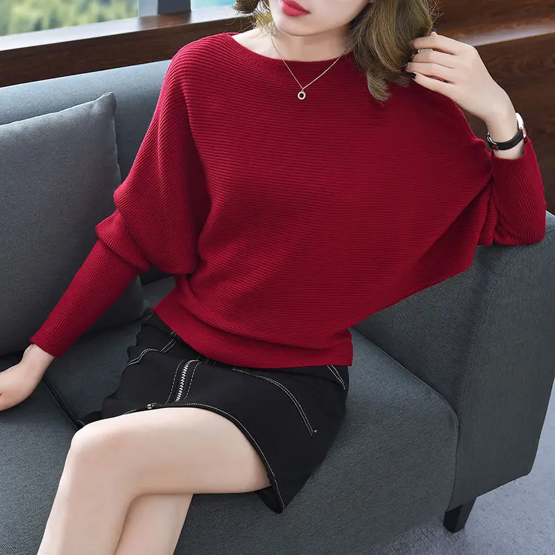 Áo Len, Phong Cách Nhẹ Nhàng, Dáng Rộng Vừa Vặn, Cổ Thuyền, Tay Cánh Dơi, Quần Áo Nữ, Thích Hợp Cho Mùa Thu / Đông